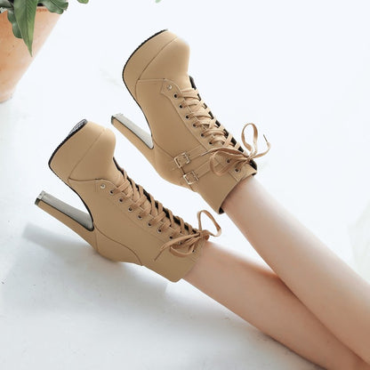 Ladies Frosted Pu Leather Tied Belts Buckles Chunky Heel Platform Short Boots