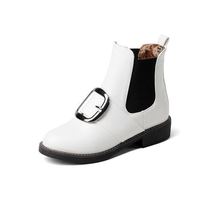 Pu Leather Buckle Straps Stretch Short Chelsea Boots for Women