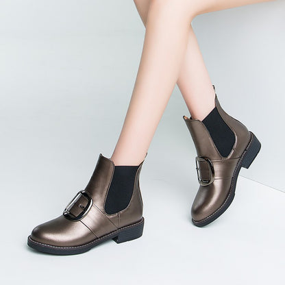 Pu Leather Buckle Straps Stretch Short Chelsea Boots for Women