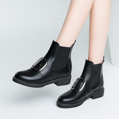 Pu Leather Buckle Straps Stretch Short Chelsea Boots for Women