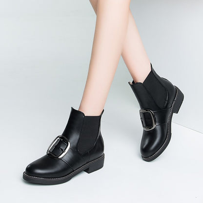 Pu Leather Buckle Straps Stretch Short Chelsea Boots for Women