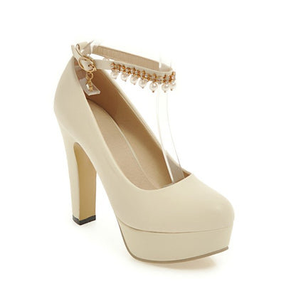 Ladies Round Toe Rhinestone Pearls Chunky Heel Platform Pumps