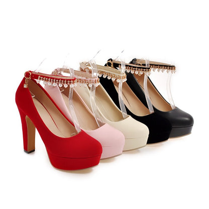 Ladies Round Toe Rhinestone Pearls Chunky Heel Platform Pumps