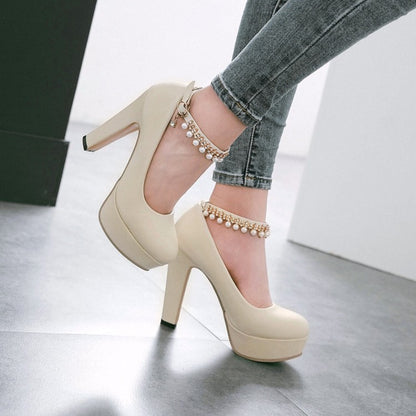 Ladies Round Toe Rhinestone Pearls Chunky Heel Platform Pumps