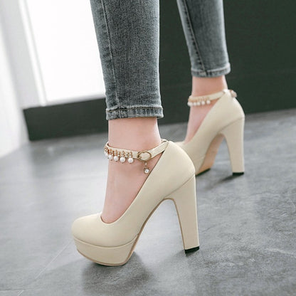 Ladies Round Toe Rhinestone Pearls Chunky Heel Platform Pumps