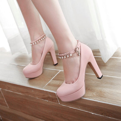 Ladies Round Toe Rhinestone Pearls Chunky Heel Platform Pumps