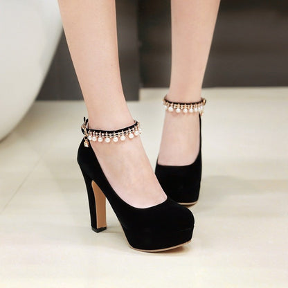 Ladies Round Toe Rhinestone Pearls Chunky Heel Platform Pumps