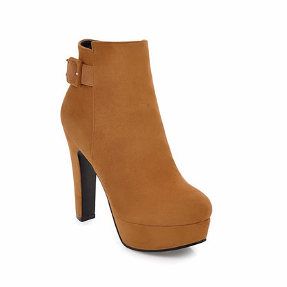 Ladies Suede Round Toe Side Zippers Chunky Heel Platform Short Boots