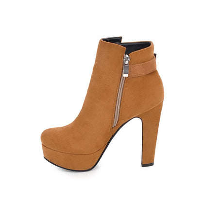 Ladies Suede Round Toe Side Zippers Chunky Heel Platform Short Boots