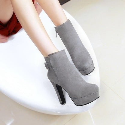 Ladies Suede Round Toe Side Zippers Chunky Heel Platform Short Boots