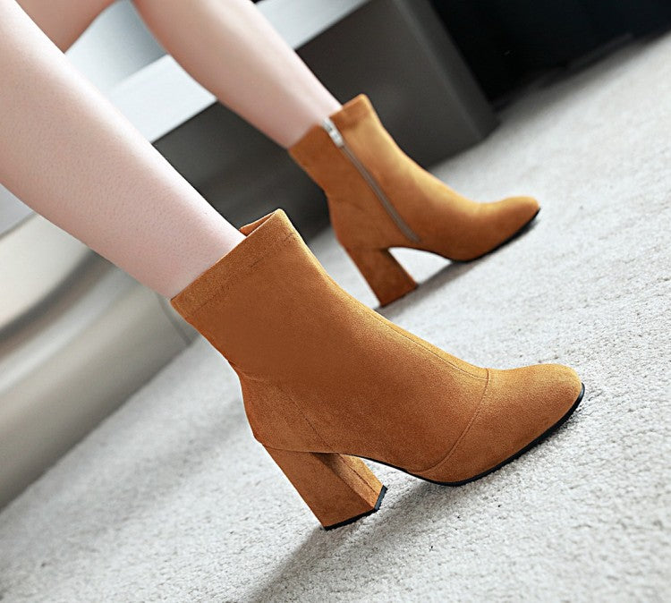 Ladies Suede Round Toe Side Zippers Block Heel Short Boots