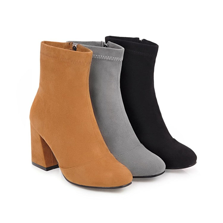 Ladies Suede Round Toe Side Zippers Block Heel Short Boots