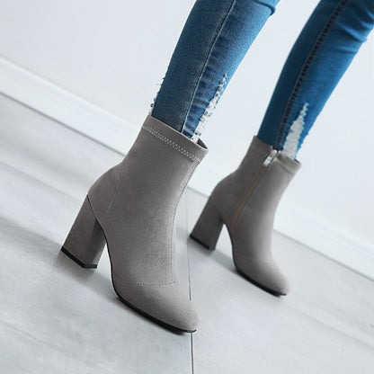 Ladies Suede Round Toe Side Zippers Block Heel Short Boots