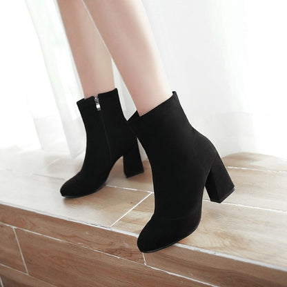 Ladies Suede Round Toe Side Zippers Block Heel Short Boots