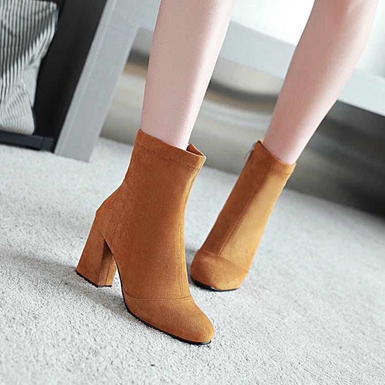 Ladies Suede Round Toe Side Zippers Block Heel Short Boots