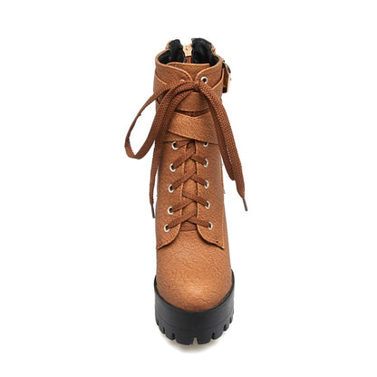 Ladies Frosted Pu Leather Round Toe Tied Belts Buckles Block Heel Platform Short Boots