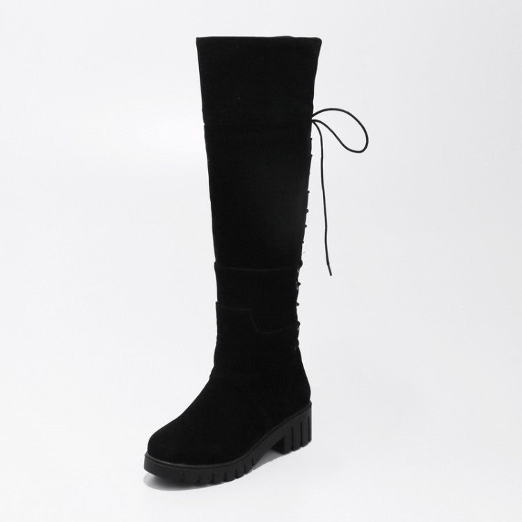 Ladies Suede Round Toe Back Tied Lace Up Block Heel Knee High Boots