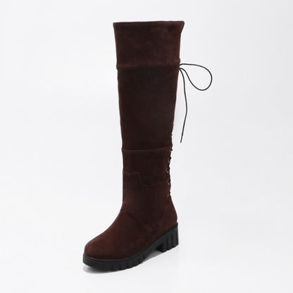 Ladies Suede Round Toe Back Tied Lace Up Block Heel Knee High Boots