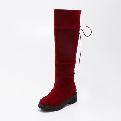 Ladies Suede Round Toe Back Tied Lace Up Block Heel Knee High Boots