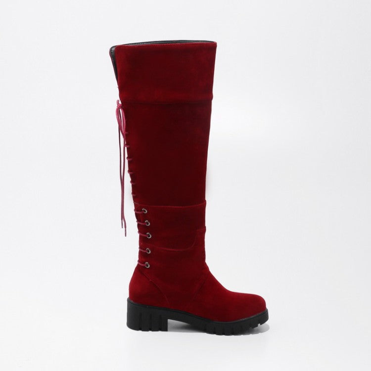 Ladies Suede Round Toe Back Tied Lace Up Block Heel Knee High Boots