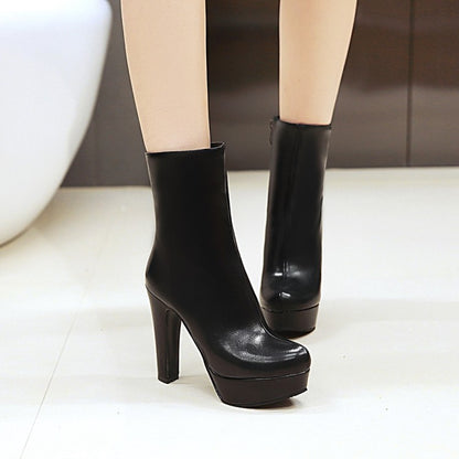 Ladies Pu Leather Round Toe Platform Chunky Heel Short Boots