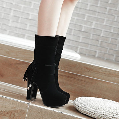 Ladies Suede Round Toe Side Tied Belts Chunky Heel Platform Short Boots