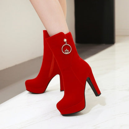 Ladies Suede Metal Buckles Round Toe Platform Chunky Heel Short Boots