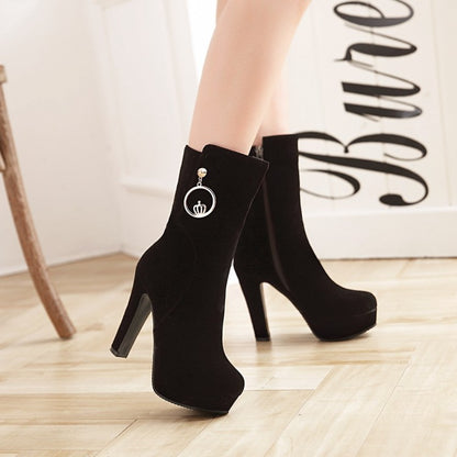 Ladies Suede Metal Buckles Round Toe Platform Chunky Heel Short Boots