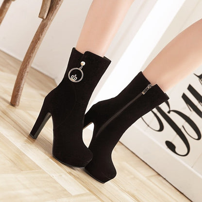 Ladies Suede Metal Buckles Round Toe Platform Chunky Heel Short Boots