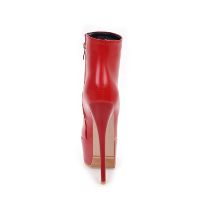 Ladies Pu Leather Round Toe Side Zippers Stiletto Heel Platform Short Boots