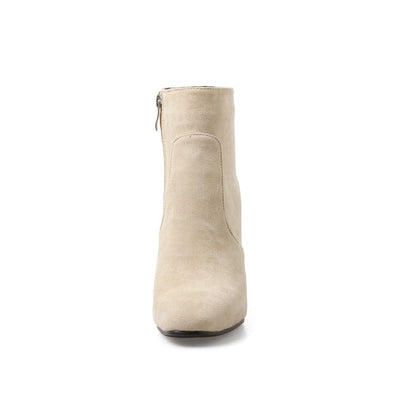 Ladies Suede Round Toe Stitching Block Heel Side Zippers Short Boots