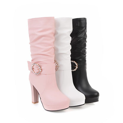 Ladies Round Toe Rhinestone Belts Buckles Chunky Heel Platform Mid Calf Boots