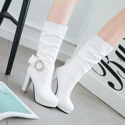 Ladies Round Toe Rhinestone Belts Buckles Chunky Heel Platform Mid Calf Boots