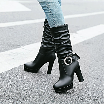 Ladies Round Toe Rhinestone Belts Buckles Chunky Heel Platform Mid Calf Boots