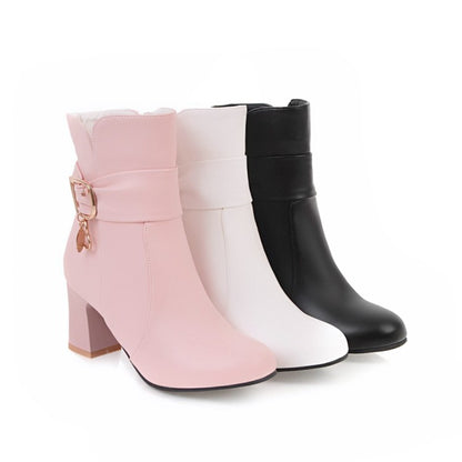 Ladies Pu Leather Round Toe Belts Buckles Block Heel Ankle Boots