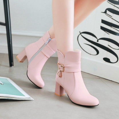 Ladies Pu Leather Round Toe Belts Buckles Block Heel Ankle Boots