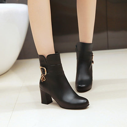 Ladies Pu Leather Round Toe Belts Buckles Block Heel Ankle Boots