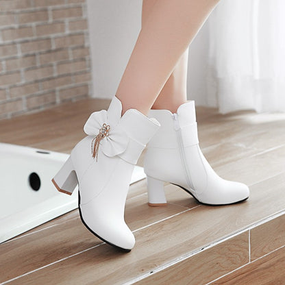 Ladies Bowtie Rhinestone Tassel Block Heel Ankle Boots