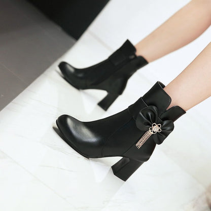 Ladies Bowtie Rhinestone Tassel Block Heel Ankle Boots