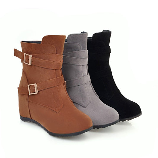 Flock Round Toe Double Buckle Straps Side Zippers Wedge Heel Short Boots for Women