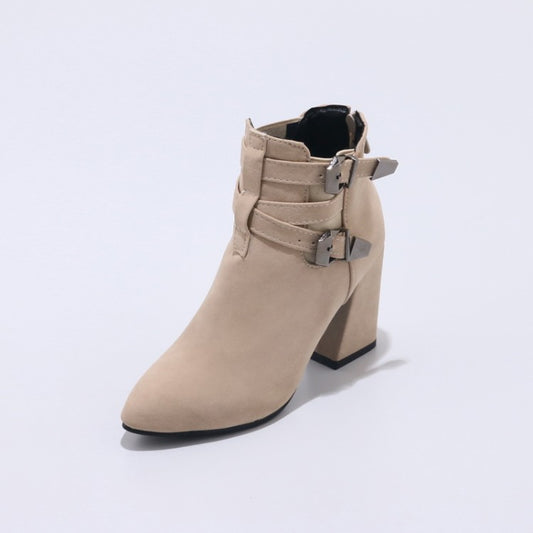 Flock Pointed Toe Metal Buckle Straps Block Chunky Heel Short Boots for Women