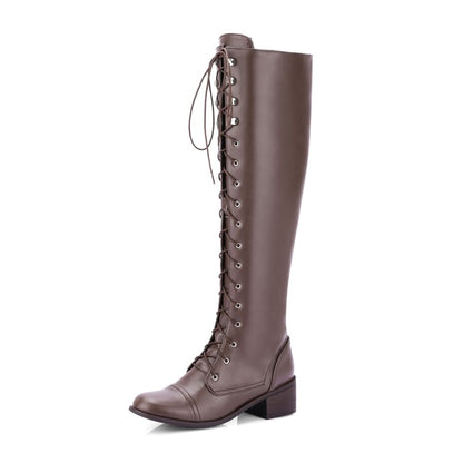 Ladies Crossed Lace Up Puppy Heel Knee High Boots