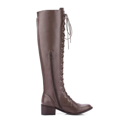 Ladies Crossed Lace Up Puppy Heel Knee High Boots