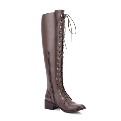 Ladies Crossed Lace Up Puppy Heel Knee High Boots