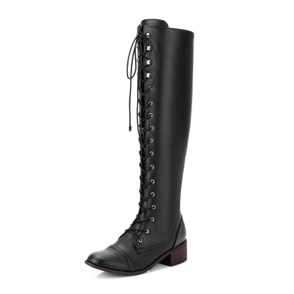 Ladies Crossed Lace Up Puppy Heel Knee High Boots