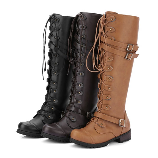 Ladies Crossed Lace Up Puppy Heel Knee High Boots