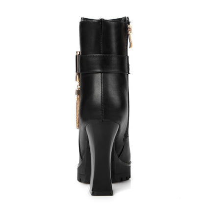 Pu Leather Round Toe Side Zippers Metal Tassel Spool Heel Platform Short Boots for Women