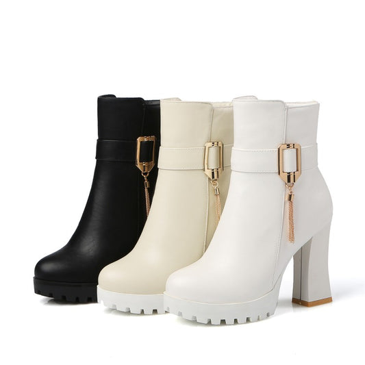 Pu Leather Round Toe Side Zippers Metal Tassel Spool Heel Platform Short Boots for Women