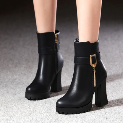 Pu Leather Round Toe Side Zippers Metal Tassel Spool Heel Platform Short Boots for Women