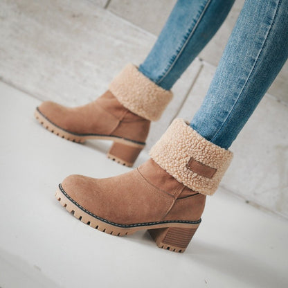 Ladies Suede Stitching Block Heel Antiskid Short Boots